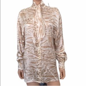 Vintage Escada Pure Silk Tiger Print Blouse Tie Neck